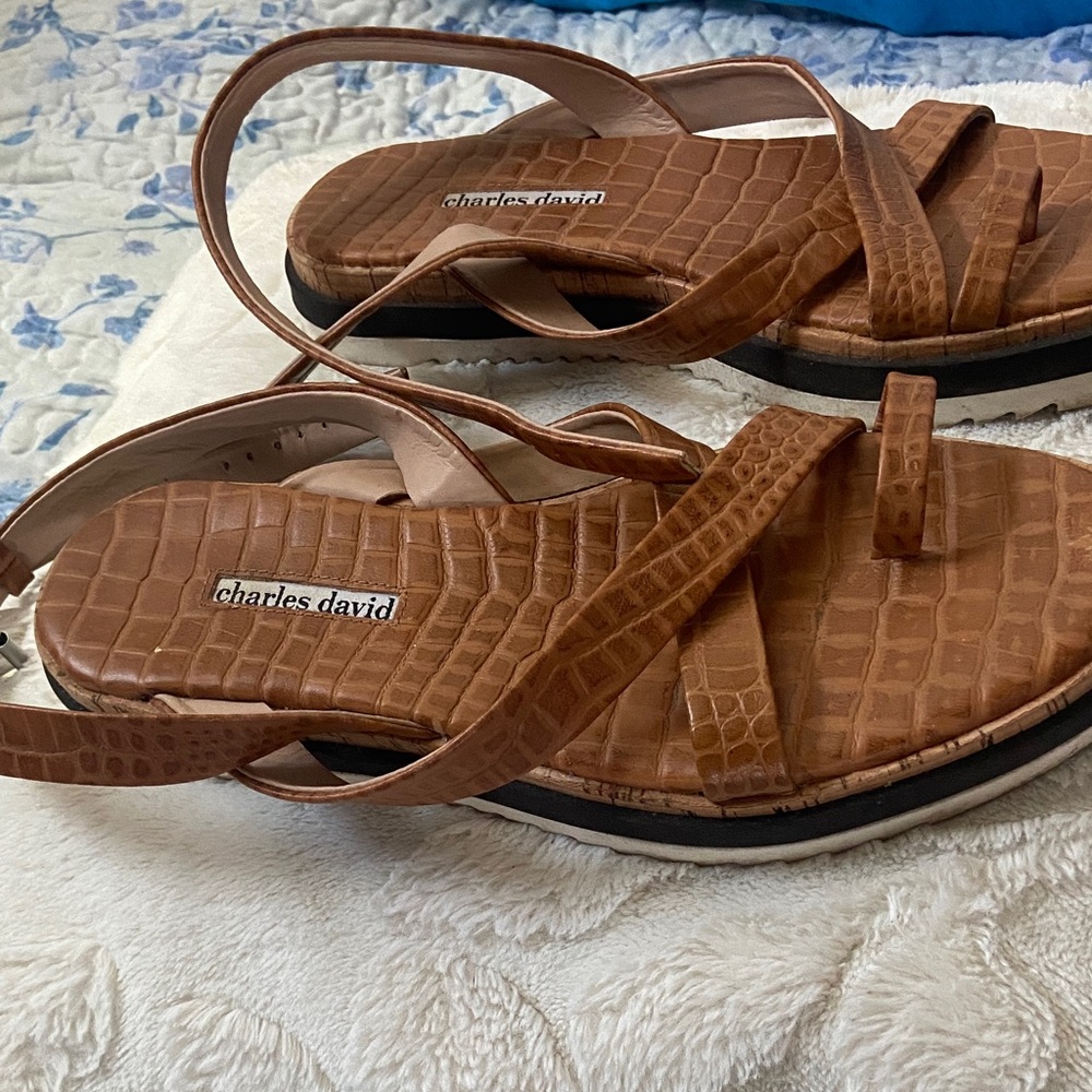 Charles David Tan Croc-Embossed Strappy Sandals